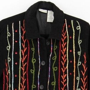White Stag $89 Small Oversized Black Colorful Embroidered Chenille Button Jacket